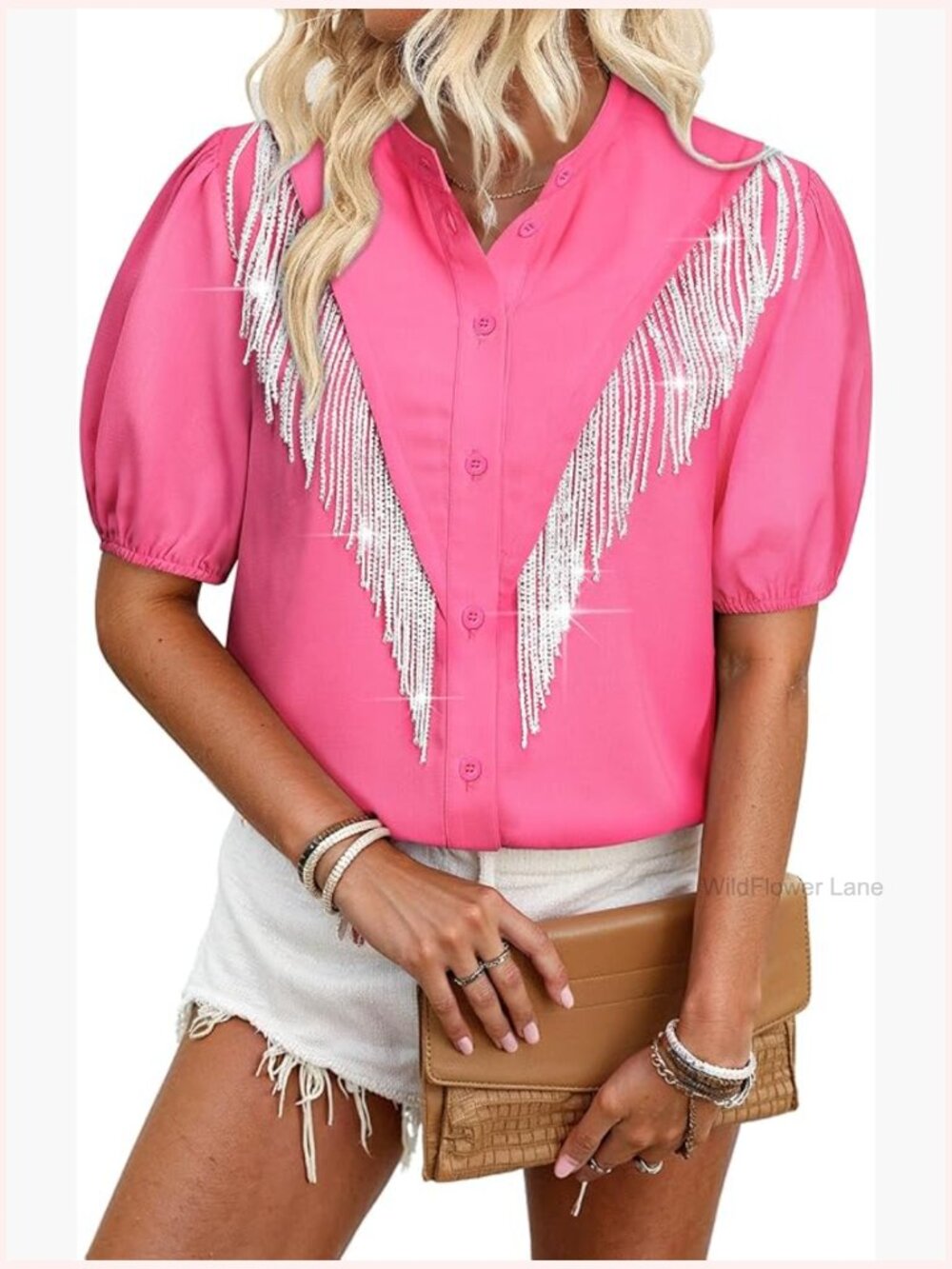 Puff Sleeve Fringe Cowgirl Button Down Shirt - Picture 1 of 6